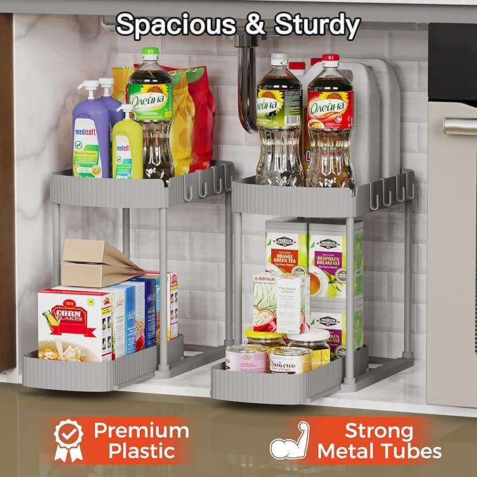 2 Pack Multi-Purpose Pull-Out Storage Organizers, Under Sink Organizers and Storage for Bathroom & Kitchen, Under Cabinet Organizers and storage, 12.8 Inch, Grey - NeatNest