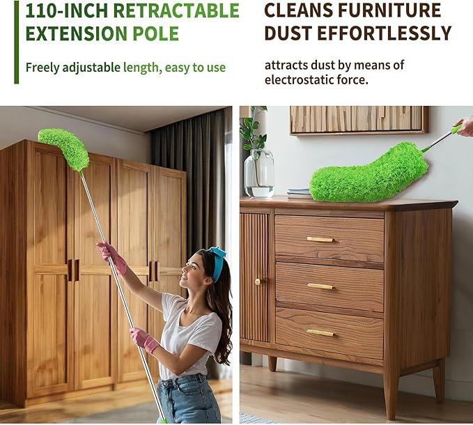 Cobweb Duster with Extension Pole, Washable Cleaning Duster Set with 2 Duster Heads, Corner Brush, 15-110-Inch Telescoping Pole for high Ceiling Fans, Long Duster for high Ceilings，Spider Web Brush - NeatNest