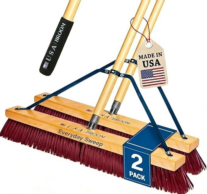 2 Pack Bundle - 24" Everyday Sweep Indoor/Outdoor Push Broom with 60" Handle. Ideal for Garages & Shops. Durable American Made Steel Brackets-All Stainless Steel Hardware. No Plastic. 100% USA Made. - NeatNest