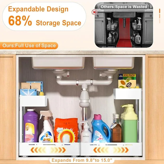 YJHome 1 Pack Expandable Under Sink Organizer, 2 Tier Pull Out Cabinet Organizer with Smooth Ball Bearing Slides, Adjustable Height Cabinet Storage Shelves for Kitchen, Bathroom, Laundry, Pantry - NeatNest