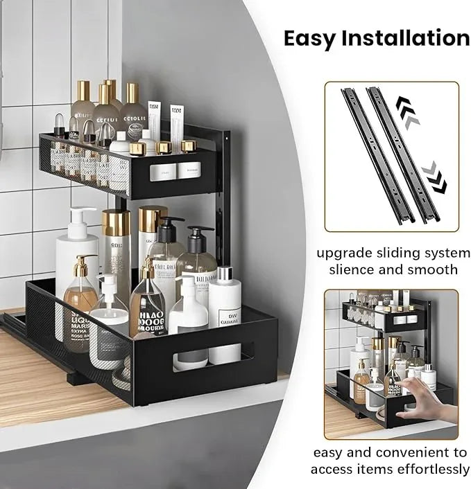 ONEUPIN Under Sink Organizer, Multi-Purpose 2 Tier Pull Out Cabinet Organizer Baskets，Adjustable Height Design Slide Out Storage Shelf for Home Kitchen and Bathroom (1 Pcs Black) - NeatNest