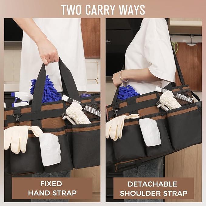 Wearable Cleaning Caddy, Cleaning Caddy Supplies Organizer with Handle & Shoulder Straps for Housekeepers, Under Sink & Car Cleaning Tool Organizers Bag with 4 Foldable Divider (Brown) - NeatNest