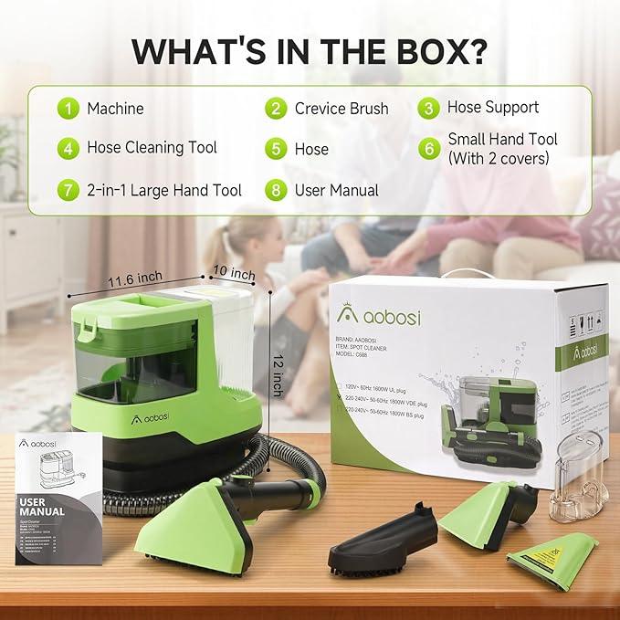 AAOBOSI Portable Carpet Cleaner Machine, 17Kpa Upholstery Steam Cleaner with Smart Voice Prompting, Self-cleaning, 4 Tools for Pets, Car, Couch and Stairs- C688, Green - NeatNest