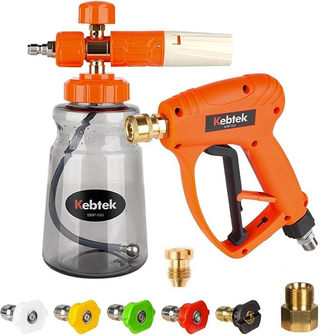 Kebtek Short Pressure Washer Gun with Foam Cannon 5200 PSI, 1/4” Quick Connect Snow Foam Lance for Car Washing Heavy Duty Brass with 5PCS Nozzle Tips and M22-15mm Connector - NeatNest