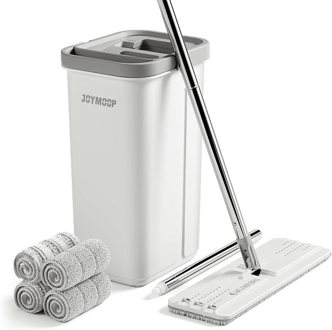 JOYMOOP Mop and Bucket with Wringer Set, Hands Free Flat Floor Mop and Bucket, 60" Mop with 4 Reusable Microfiber Pads, Wet and Dry Use, Floor Cleaning System - NeatNest