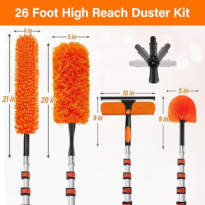 26FT High Reach Duster Cleaning Kit with 20FT Pole | 4-in-1 Tool Set with Universal Swivel Joint | High Ceiling Fan Cleaner, Microfiber Duster, & Window Squeegee for Safe High-Reach Cleaning - NeatNest