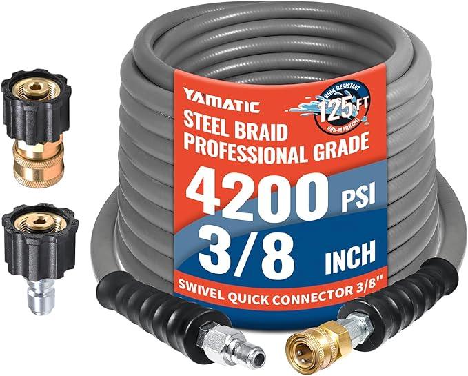 YAMATIC Non Marking 3/8" Pressure Washer Hose 125FT 4200 PSI, Kink Resistant Swivel 3/8" Quick Connect, Rubber Steel Braided Wear Resistant Industry Grade for Hot/Cold Water Gas Power Washer - NeatNest