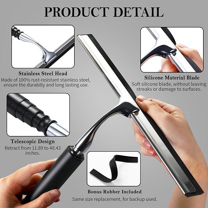 Window Squeegee for Home, 2 in 1 Window Washing kit with Extension Pole Long Handle Squeegee for Shower Glass Floor Tile Wall Car Windshield, 12 inch Wide, Black - NeatNest