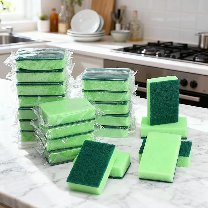 Tioncy 100 Pcs Individually Wrapped Sponges Bulk Kitchen Green Non Scratch Scrub Sponges Dual Sided Cleaning Scrubber for Household Washing Dishes, Pots, Pans, Sinks, Stoves, Appliances, Car, Bike - NeatNest