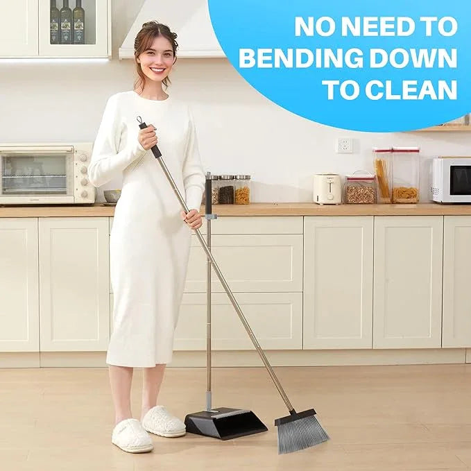 JOYMOOP Black Broom and Dustpan Set, Upright Angle Design with Built-in Comb Teeth for Home, Office, Hardwood Floors, Pet Hair - NeatNest