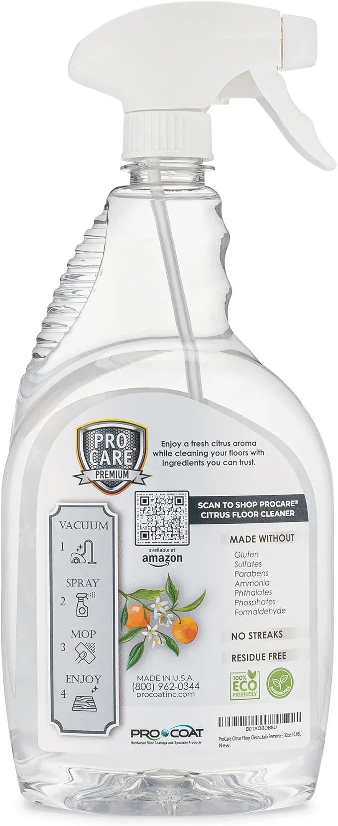 ProCare Citrus Floor Cleaner (Made in USA) | Tile, Stone, Laminate, Vinyl & Natural Wood Floor Cleaner for Mopping, Floor Cleaning Solution with Citrus Aroma - 32oz / 0.95L Spray Bottle - NeatNest