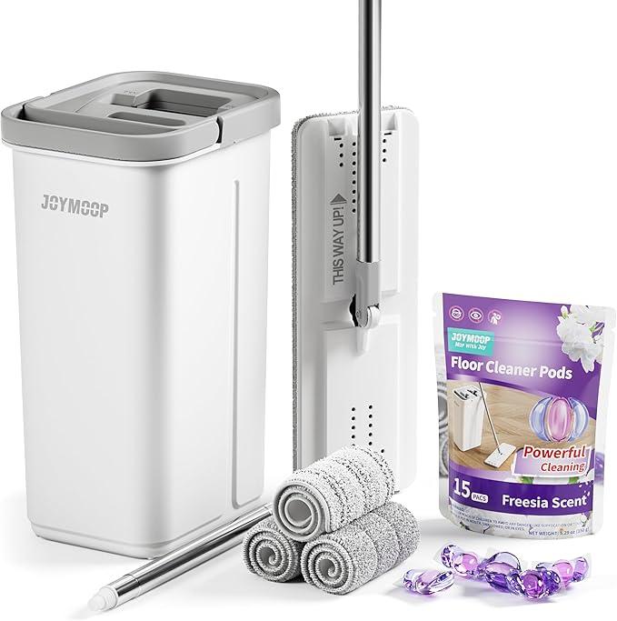 JOYMOOP Mop and Bucket with Wringer Set and Floor Cleaner Pods, Flat Floor Mop with 3 Reusable Microfiber Pads, Wet and Dry Use, Freesia Scent Pack of 15 Pacs for Floor Cleaning - NeatNest