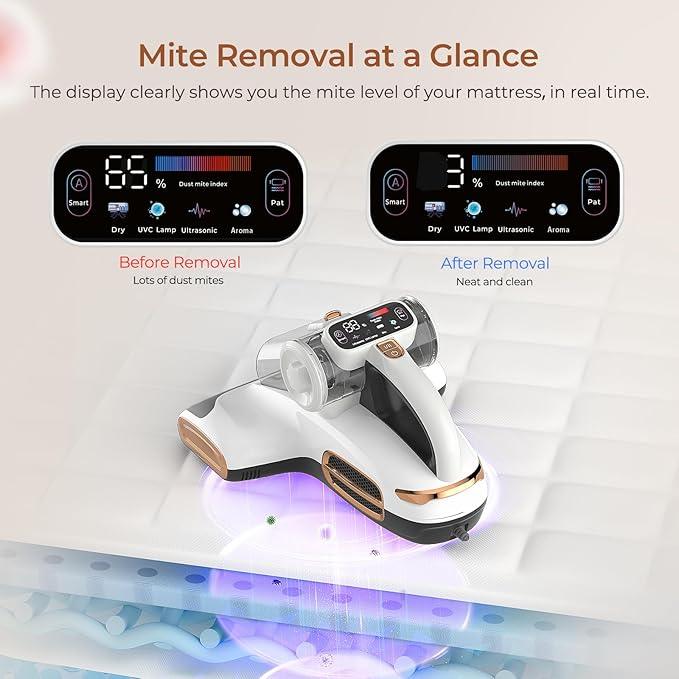 JIGOO T600 Mattress Vacuum Cleaner with UV-C Light, 15Kpa Suction 700W Powerful Double-Cup Handheld Vacuums, Bed Cleaner with Smart Dust Sensor, Ultrasonic, Heating Tech, MIF Filter, White - NeatNest