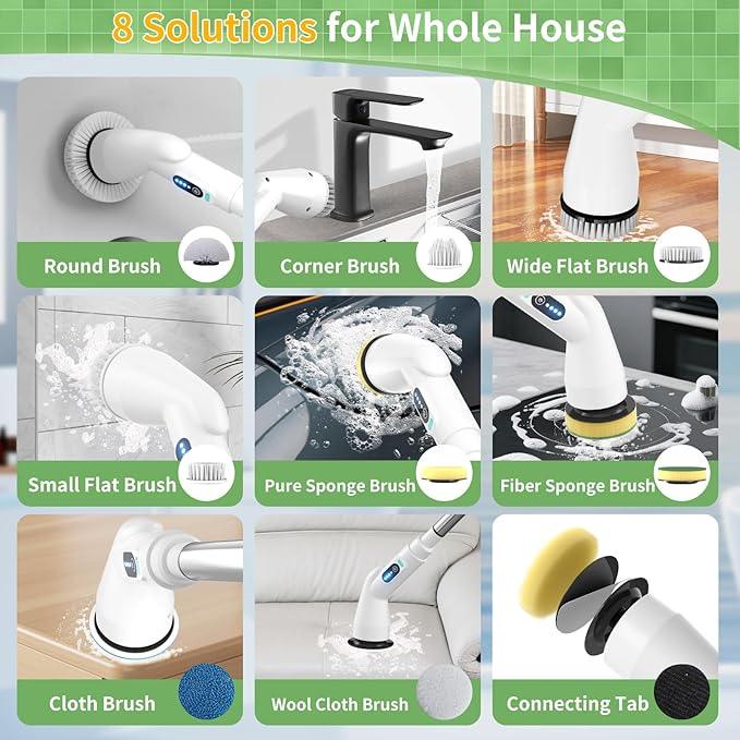 Electric Spin Scrubber - Household Cleaning Brush with 8 Heads, 51.2in Extendable Pole Bathroom Scrubber for Stubborn Grease on Grill, Stovetop & Bathtub, 90Min Runtime - Type B - NeatNest