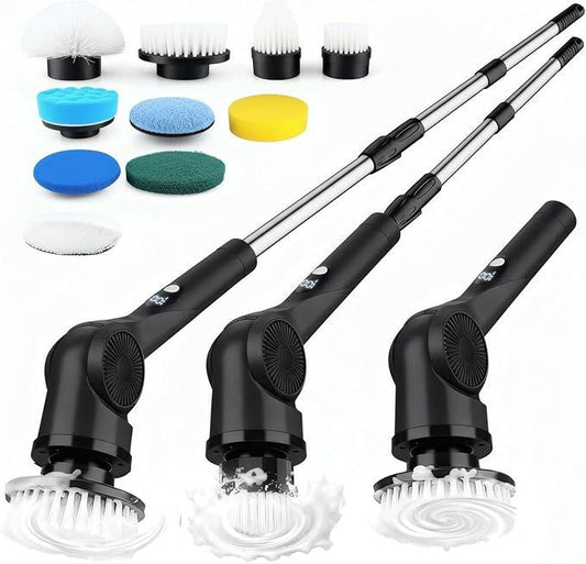 Electric Spin Scrubber, 3-Speed Cordless Shower Scrubber with 90° Adjustable & 10 Replaceable Brush Heads, 90 Mins Runtime & Full-Body IPX7 Waterproof Shower Cleaner Brush with Long Handle - NeatNest