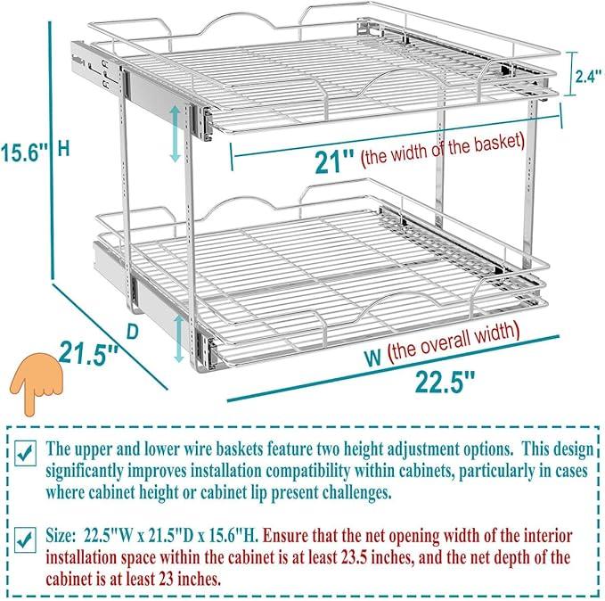 OCG 2 Tier Pull Out Cabinet Organizer (22.5" W x 21.5" D), Pull Out Drawers for Kitchen Cabinets, Pull Out Shelves for Base Cabinet Organization in Kitchen Bathroom Pantry, Chrome Finish - NeatNest