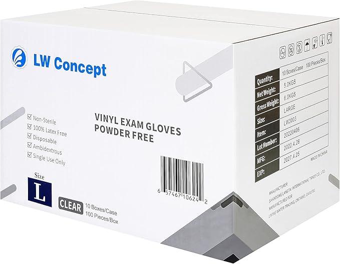 LW Concept Clear Vinyl Exam Gloves for Medical/Food Safe/Cleaning/Handling Use Multipurpose Latex & Powder Free, 3.5 mil (LW3003, Large, Case of 1000) - NeatNest