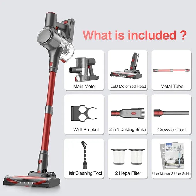 Zefiro Cordless Vacuum Cleaner for Home,450W /40Kpa 50Mins Stick Vacuum,Anti-Tangle 1.5L Dust Cup, Rechargeable Wireless Handheld Vacuum for Pet Hair/Carpet/Floor - NeatNest
