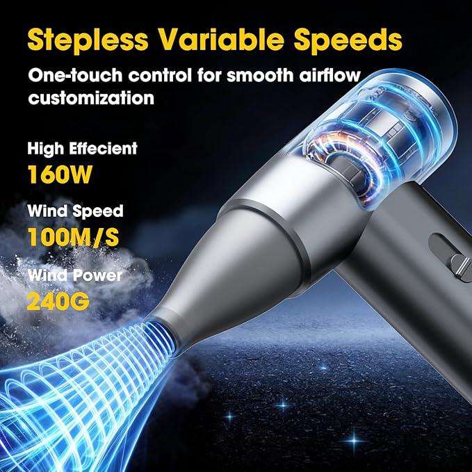 Metal Electric Compressed Air Duster, 300000RPM Brushless Motor with Stepless Speed, Rechargeable Cordless Mini Blower for Computer Keyboard Cleaning, Car Detailing, House and Outdoor Use(Grey) - NeatNest