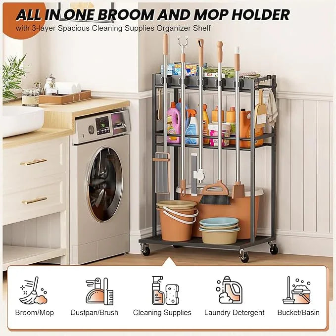 Broom Holder with Cleaning Supplies Organizer, Broom Closet Storage Cabinet with Mop Hanger Gripper Rack Hooks, Cleaning Housekeeping Janitorial Cart with Cleaning Caddy, Laundry Room Organization - NeatNest