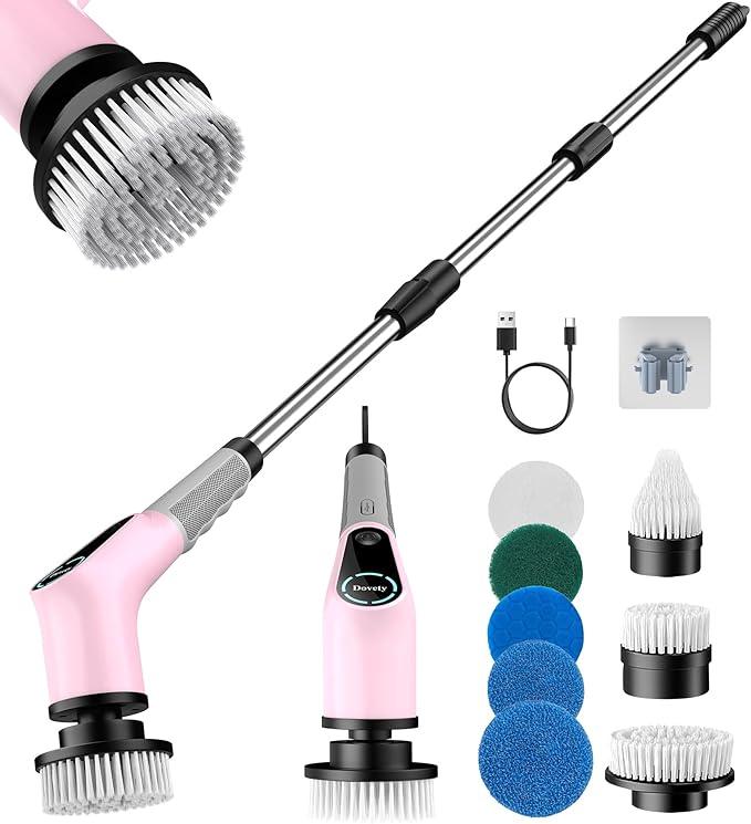 Dovety Electric Spin Scrubber, Cordless Cleaning Brush, Shower Scrubber with 8 Replaceable Brush Head, Power Cleaning Brush with Extension Handle, 2 Adjustable Speed, for Bathtub Grout Tile Floor - NeatNest
