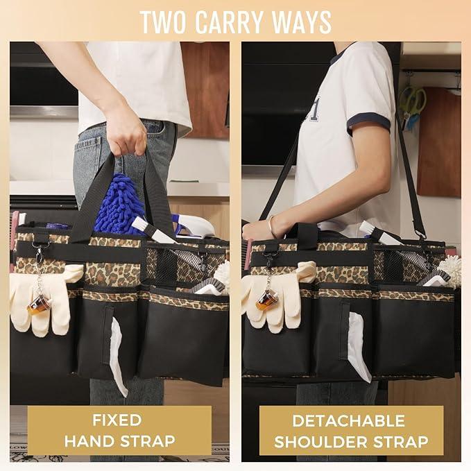 Wearable Cleaning Caddy, Cleaning Caddy Supplies Organizer with Handle & Shoulder Straps for Housekeepers, Under Sink & Car Cleaning Tool Organizers Bag with 4 Foldable Divider (Leopard) - NeatNest