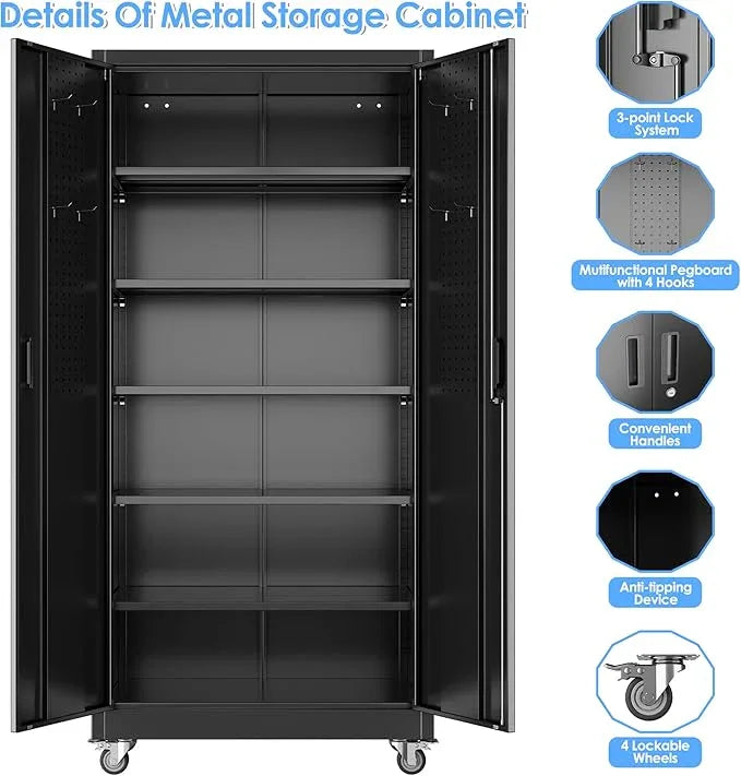 SUXXAN Metal Garage Storage Cabinet with Wheels and Pegboard, 71'' x 34'' x 18'' Lockable Rolling Steel Cabinet with 5 Adjustable Shelves and Door for Garage, Office, Kitchen, Assembly Required - NeatNest