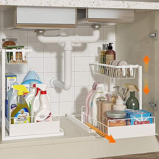 REALINN Under Sink Organizer, Height Adjustable Pull Out Cabinet Organizer, 2 Tier Under Sink Organizers and Storage for Kitchen Bathroom Laundry, White, 2 Pack - NeatNest