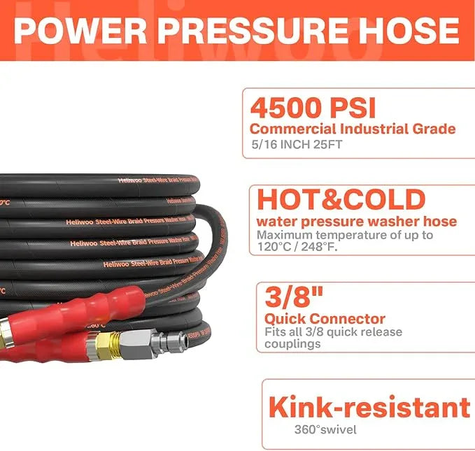 5/16" Pressure Washer Hose 25 FT, Commercial Industrial Grade Steel Wire Braided Kink Proof Extension Hose with 3/8 Quick Connect 4500 PSI - NeatNest