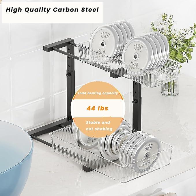 2 Pack Under Sink Organizer, 2 Tier Pull Out Storage Organizer, Slide Out Storage Shelf for Bathroom & Kitchen, Under Cabinet Organizer and Storage with 5 Gears Height Adjustable (Black) - NeatNest