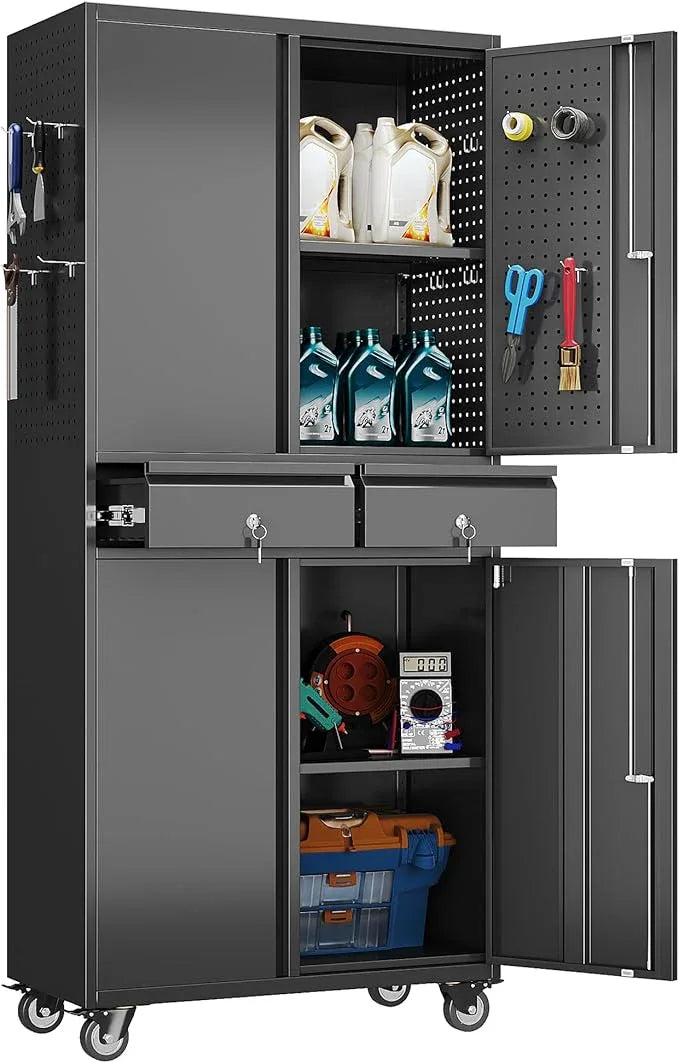SUXXAN 71" Metal Garage Storage Cabinet with 8 Hooks and Pegboards,2 Drawer Rolling Tool Storage with Locking Doors and Adjustable Shelves,Heavy Duty Steel Tool Cabinet for Garage, Warehouse - NeatNest