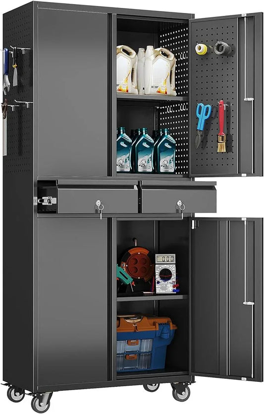 SUXXAN 71" Metal Garage Storage Cabinet with 8 Hooks and Pegboards,2 Drawer Rolling Tool Storage with Locking Doors and Adjustable Shelves,Heavy Duty Steel Tool Cabinet for Garage, Warehouse - NeatNest