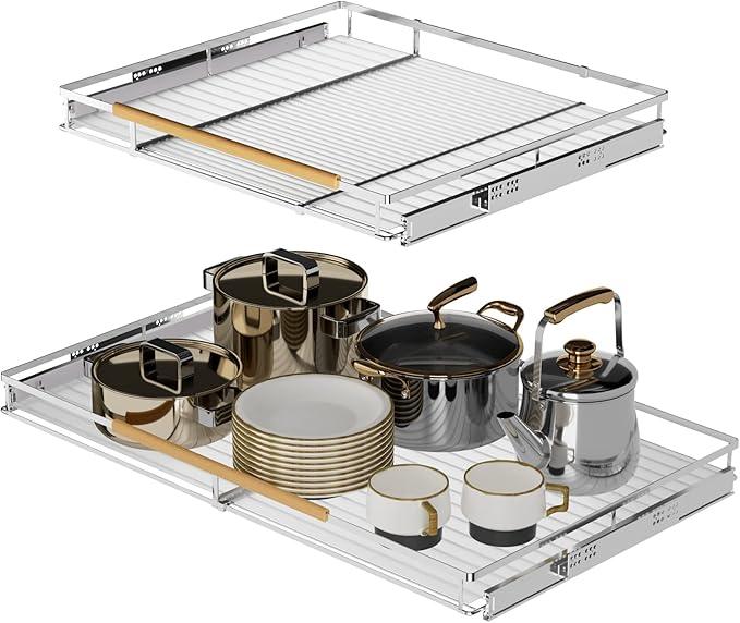 SANNO Pull Out Cabinet Organizer, Pantry Drawer Slide Out Basket Expandable Sliding Shelf Under Sink Shelf, Steel Metal cabinet drawers slide out, Chrome Finish, 23.1 to 39.9" W - NeatNest