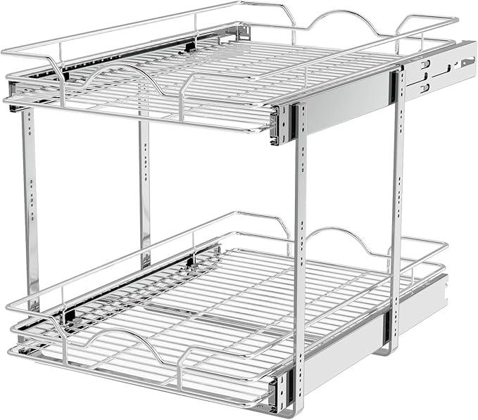 OCG 2 Tier Pull Out Cabinet Organizer (15.5" W x 21" D), Pull Out Drawers for Kitchen Cabinets, Pull Out Shelves for Base Cabinet Organization in Kitchen Bathroom Pantry, Chrome Finish - NeatNest
