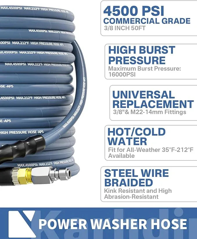Pressure Washer Hose 50FT 3/8" for Cold and Hot Water 212°F, with Swivel Quick Connect, 4500PSI Kink Resistant Grade Steel Wire Braided, Power Washer Hose With 2pcs M22-14mm Adapter - NeatNest