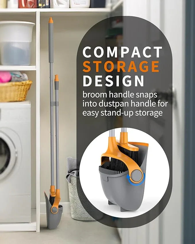 MR.SIGA Broom and Dustpan Set with Long Handle, Stand Upright Broom with Dustpan Combo for Cleaning Office, Garage, Lobby, Lightweight Sweeping Set, 51.7"(131 cm) Long Handle, Gray & Orange - NeatNest