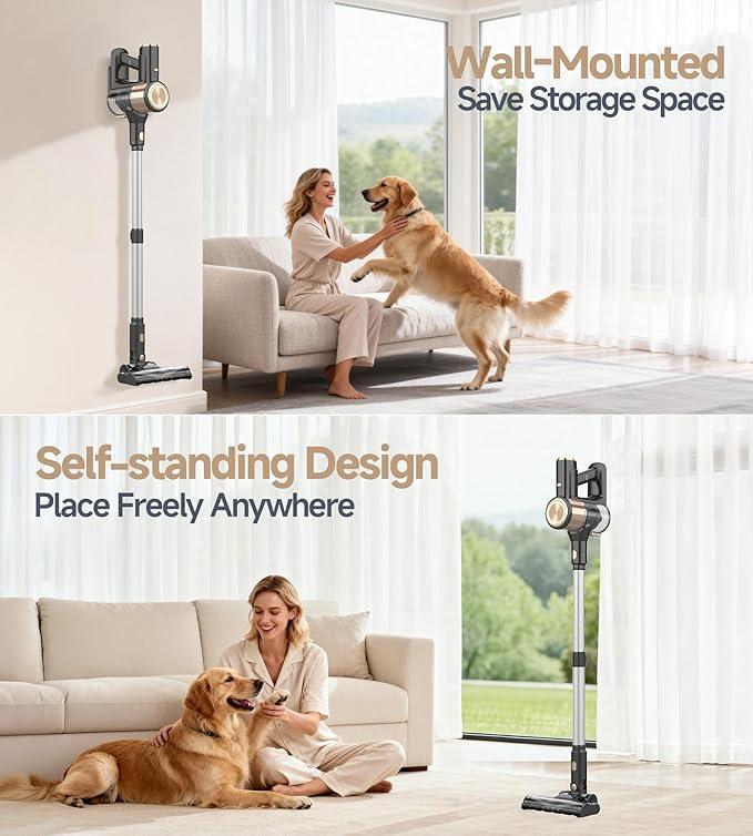N17 Cordless Vacuum Cleaner, Upgraded Lightweight Stick Vacuum for Home, 45mins Runtime, Powerful Suction, Self-Standing, Anti-tangle, Rechargeable Vacuum for Hard Floor Carpets Pet Hair (Gold) - NeatNest