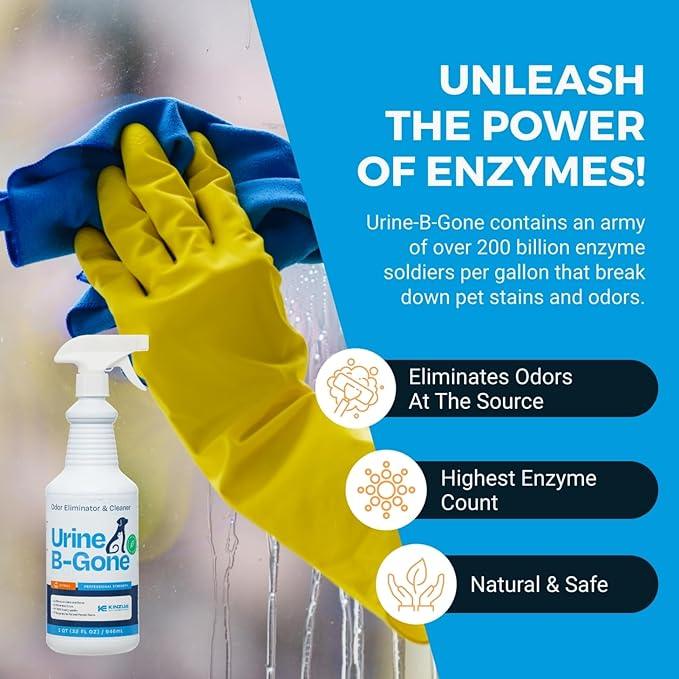 KINZUA ENVIRONMENTAL Urine B-Gone, Professional Enzyme Odor Eliminator & Pet Stain Remover, Human, Cat & Dog Urine Cleaner, Effective on Laundry, Carpets & More, Citrus Scent, 32oz - NeatNest