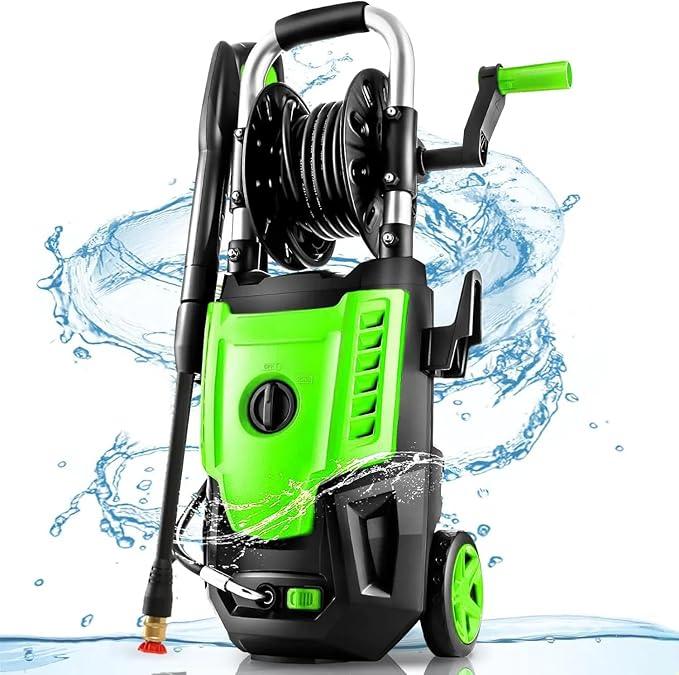 Pressure Cleaner- High Power Cleaner with 33FT Hose Reel, 4 Spray Tips and Soap Bottle for Car Washing, Fence Cleaning, Patio Maintenance（Upgraded） (Green) - NeatNest