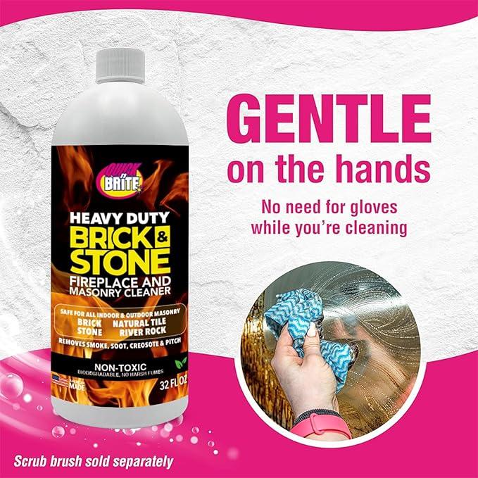 Quick'n Brite Fireplace Brick and Stone Cleaner 32oz with Scrub Brush - Natural Stone, Tile, and Marble Cleaner - Indoor Fireplace and Wood Stove Cleaning Kit - Pellet Stove Creosote Remover - NeatNest