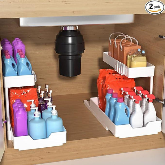 Under Sink Organizers and Storage, L-Shape Kitchen Bathroom Organization, 2-Tier Sliding Storage Under Bathroom Kitchen Sink Cabinet Organizer Shelf Pull Out 2 Pack (White) - NeatNest