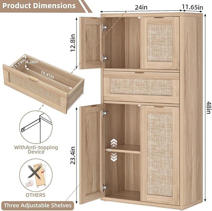 LEYAOYAO 48" Tall Storage Cabinet Set of 2,Rattan Bathroom Floor Cabinets with 4 Doors & 1Drawer,Boho Kitchen Pantry with Adjustable Shelves,Wooden Cupboard for Living Room,Home Office,Natural Wood - NeatNest