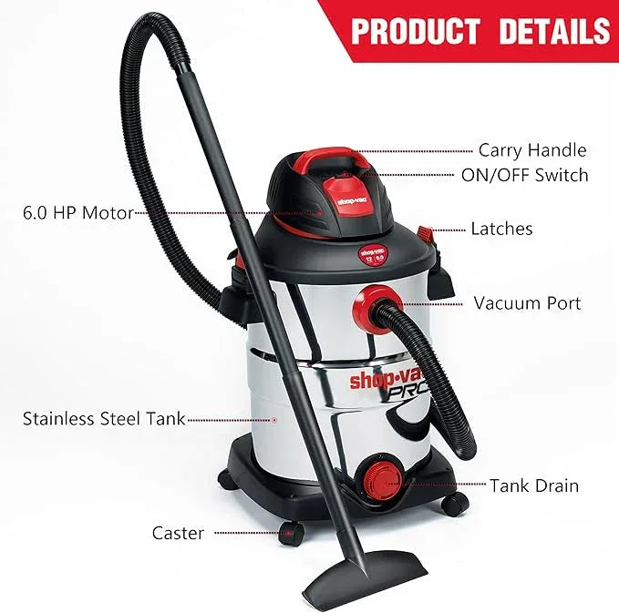 Shop-Vac 12 Gallon 6.0 Peak HP Wet/Dry Vacuum, Stainless Steel Tank, 3 in 1 Function Portable Shop Vacuum with Attachments, Drain Port, Ideal for Jobsite, Garage & Workshop. 5926211 - NeatNest