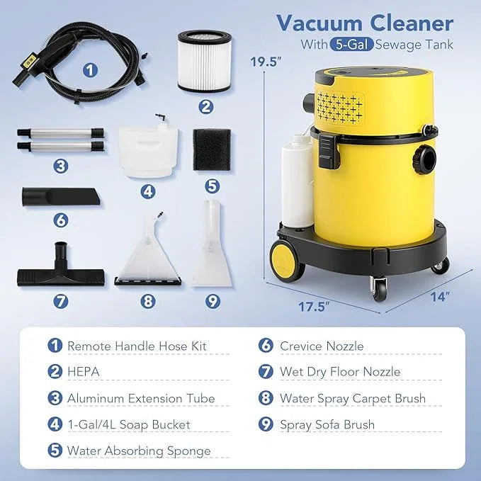 COSTWAY Wet Dry Vacuum Cleaner, 4-in-1 Portable Carpet & Upholstery Cleaner Machine with 5.5 Peak HP & 17 KPA Max Suction, Shampoo Vac Cleaner with Attachments for Floor, Stair, Sofa, Car, Gap - NeatNest