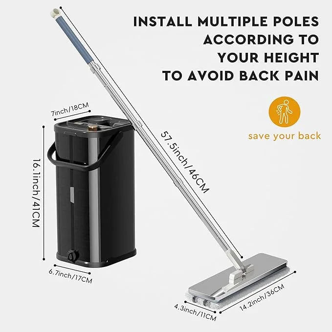 Separates Dirty Water Mop, Flat Mop and Bucket for Home with 4 Extra Refills, Stainless Steel Mop and Bucket with Wringer (Black) - NeatNest