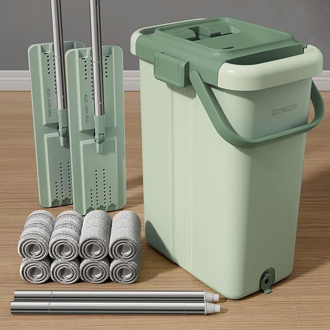 JOYMOOP Mop and Bucket with Wringer Set for Floor Cleaning and Wall Cleaner, Flat Mop and Bucket System Set with 2 Mops and 8 Large Microfiber Pads - Green - NeatNest