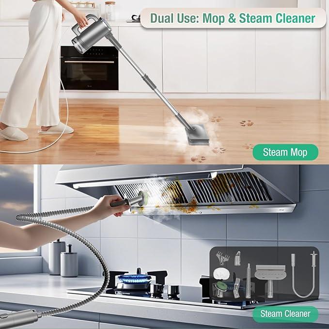 11-in-1 Steam Mop - Detachable Handheld Steam Cleaner with 380mL Tank, 260℉ Floor Steamer for Hardwood, Tile, Grout, Windows, Bath & Kitchen - 3-Level Steam Control, Multi-Purpose Floor Steam Cleaner - NeatNest