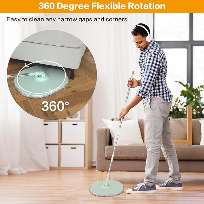 Flat Floor Mop and Bucket System Set with Wringer, Spin Mop and Bucket Separate Clean and Dirty Water with Self Separation for Hardwood, Laminate, Tile, Floor Cleaning, Wet and Dry Use, LightCyan - NeatNest