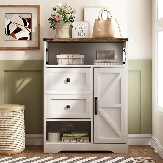 Fameill White Farmhouse Storage Cabinet with 2 Drawers & Shelves,Freestanding Kitchen Cabinet with Doors,Floor Storage Organization for Living Room,Bathroom,Laundry - NeatNest