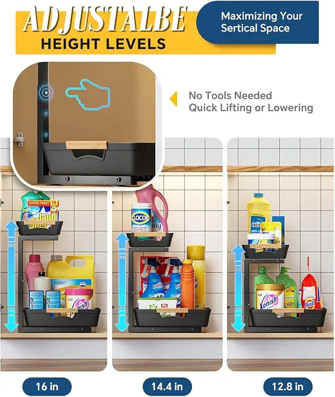 Under Sink Organizer, 2 Tier Adjustable Height Under Sink Organizers and Storage, L-Shaped Slide Out Pull Out Cabinet Organizers for Bathroom Kitchen Pantry (2 Pack, Black) - NeatNest